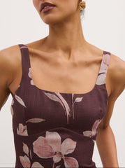 Kaia Scoop Neck Printed Frill Maxi Dress - Brown Botanical Lily Floral