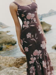 Kaia Scoop Neck Printed Frill Maxi Dress - Brown Botanical Lily Floral