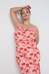 Keisha Ruched Midaxi Dress Curve - Pink and Red Floral