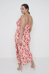 Keisha Ruched Midaxi Dress Curve - Pink and Red Floral