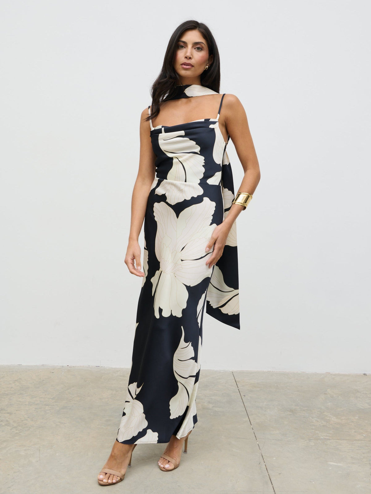 Keisha Scarf Maxi Dress - Large Scale Monochrome Floral