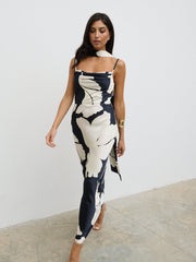 Keisha Scarf Maxi Dress - Large Scale Monochrome Floral