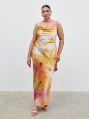 Keisha Scarf Maxi Dress Curve - Pink and Yellow Ochre Floral