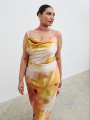 Keisha Scarf Maxi Dress Curve - Pink and Yellow Ochre Floral