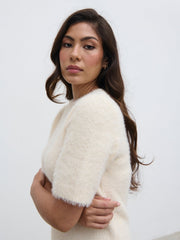 Kelly Cropped Fluffy Knit T-Shirt - Cream