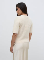 Kelly Cropped Fluffy Knit T-Shirt - Cream