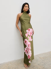 Kiara Halterneck Maxi Dress - Olive and Pink Floral