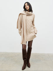 Larna Cable Knit Mini Dress with Scarf - Beige Marl
