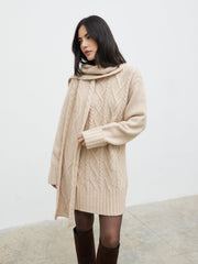 Larna Cable Knit Mini Dress with Scarf - Beige Marl