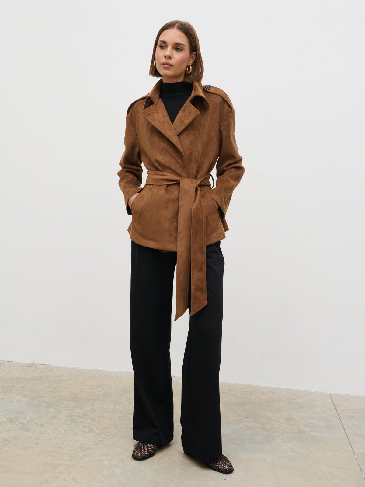 Lennon Faux Suede Tie Waist Jacket - Dark Tan