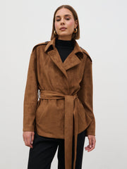 Lennon Faux Suede Tie Waist Jacket - Dark Tan