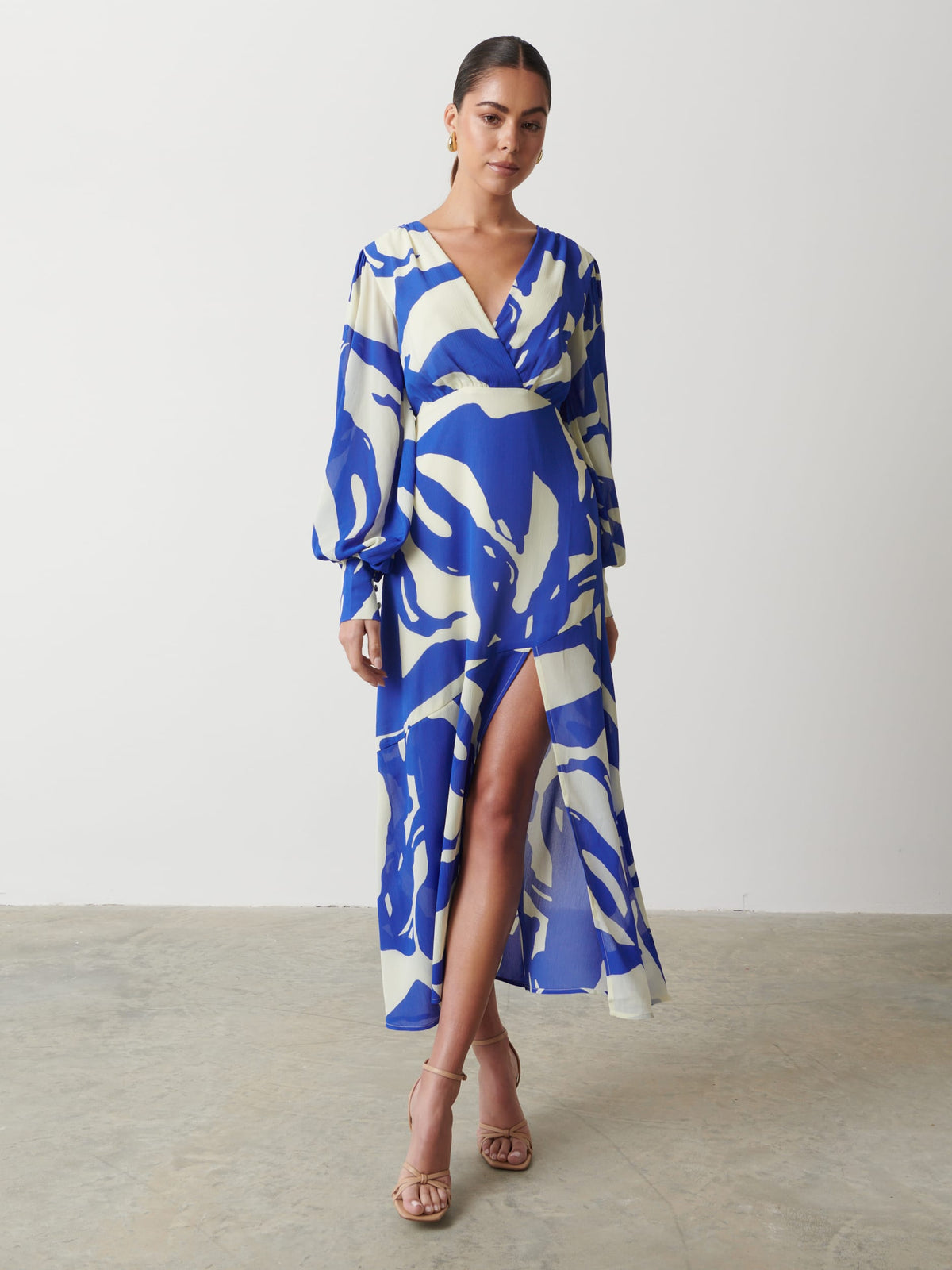 Lilianna Backless Balloon Sleeve Printed Dress - Blue Abstract