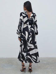 Lilianna Balloon Sleeve Printed Dress - Monochrome Abstract