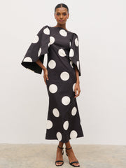 Liora A-Line Midaxi Dress - Black and Cream Polkadot