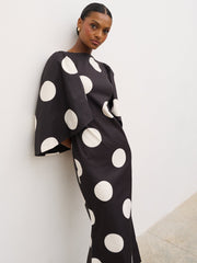 Liora A-Line Midaxi Dress - Black and Cream Polkadot