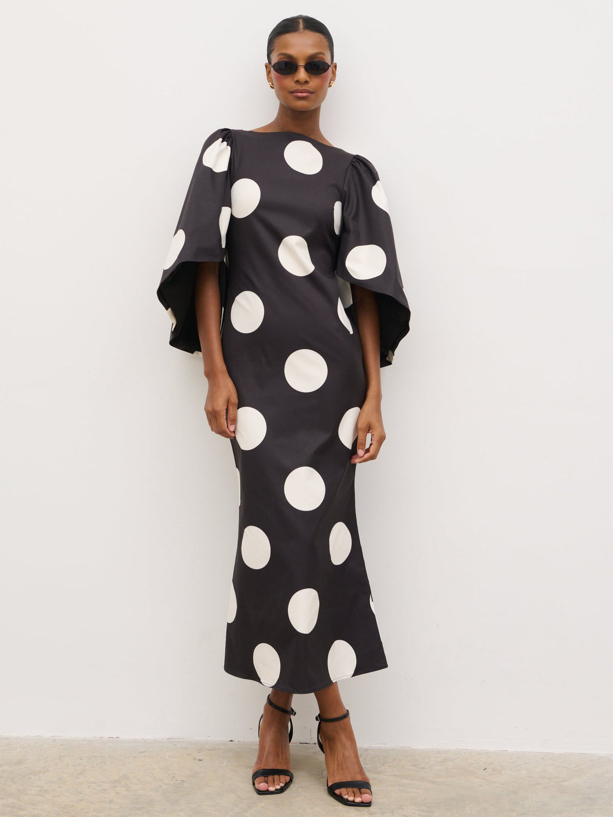 Liora A-Line Midaxi Dress - Black and Cream Polkadot