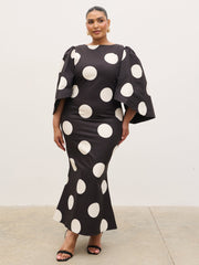 Liora A-Line Midaxi Dress Curve - Black and Cream Polkadot