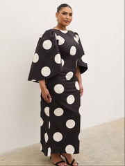 Liora A-Line Midaxi Dress Curve - Black and Cream Polkadot
