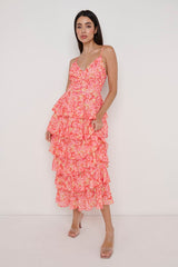 Lissy Ruffle Midaxi Dress - Orange and Pink Floral