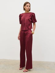 Lorah Puff Sleeve Bonded Satin Top - Wine