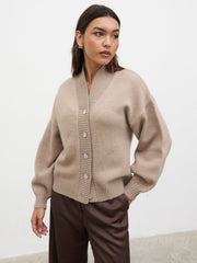 Lorrie Chunky Knit Buttoned Bomber - Dark Beige