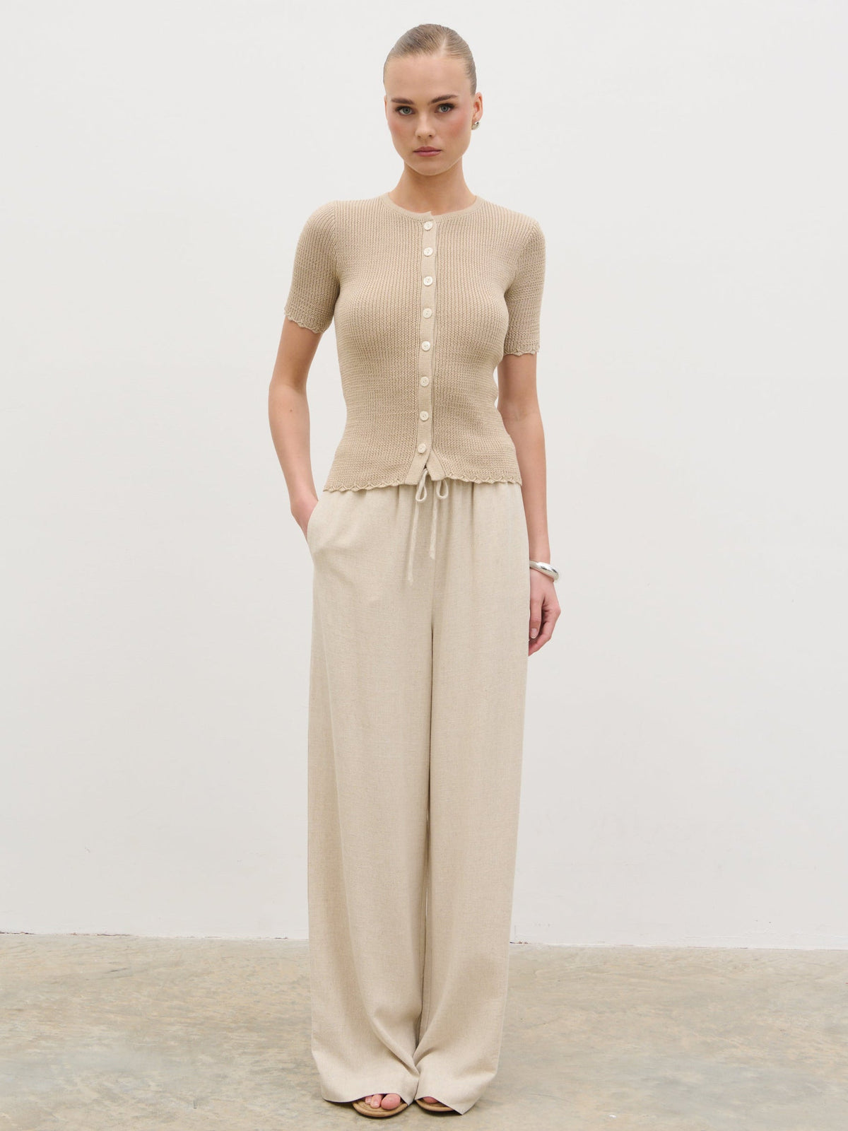 Louna Scallop Detail Cream Knit Button Top - Beige