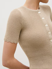 Louna Scallop Detail Cream Knit Button Top - Beige