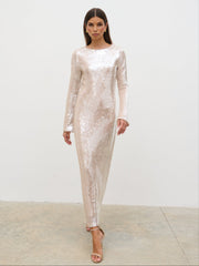 Lyra Long Sleeve Sequin Midaxi Dress - Oyster