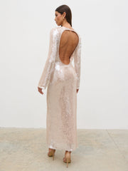 Lyra Long Sleeve Sequin Midaxi Dress - Oyster