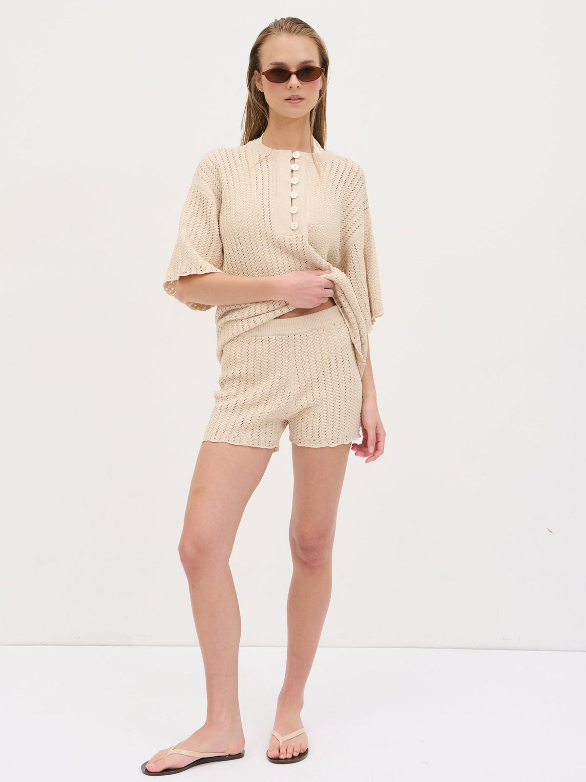 Marina Open Work Knit Shorts - Cream