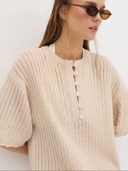Marina Open Work Oversized Knit Top - Cream