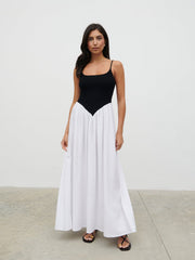 Maude Shirred Contrast Maxi Dress - Black and Cream