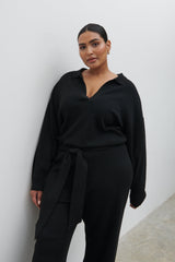 Meg Belted Knit Jumpsuit Curve - Black