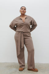 Meg Belted Knit Jumpsuit Curve - Taupe