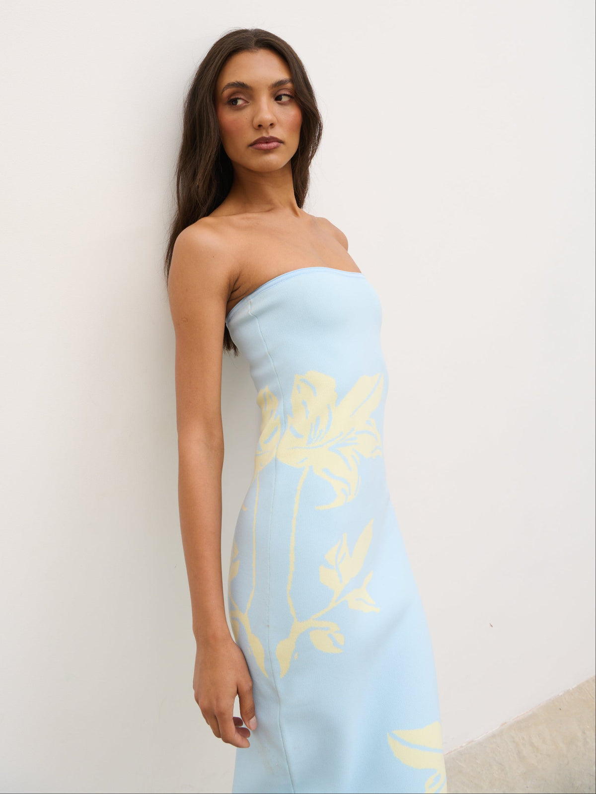 Milena Floral Bandeau Knit Maxi Dress - Blue and Lemon
