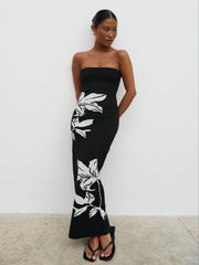 Milena Floral Bandeau Knit Midaxi Dress - Black and Cream