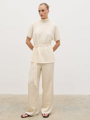 Nava Grown Neck Belted Knit Top - Cream
