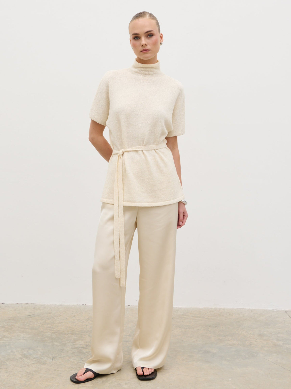 Nava Grown Neck Belted Knit Top - Cream