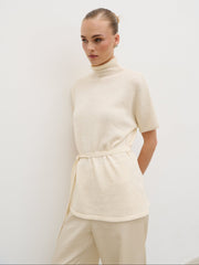 Nava Grown Neck Belted Knit Top - Cream