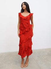 Neima Devore Frill Midaxi Dress - Red