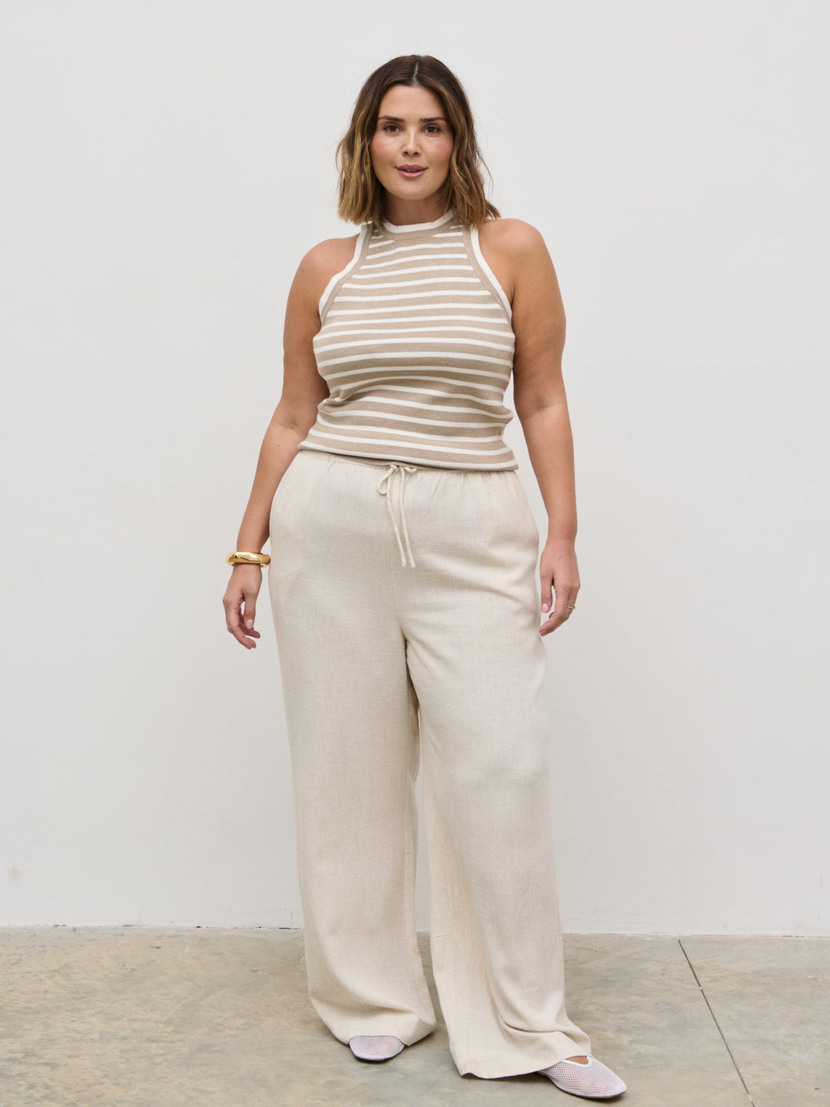 Nessa Drawstring Linen Blend Trousers Curve - Natural
