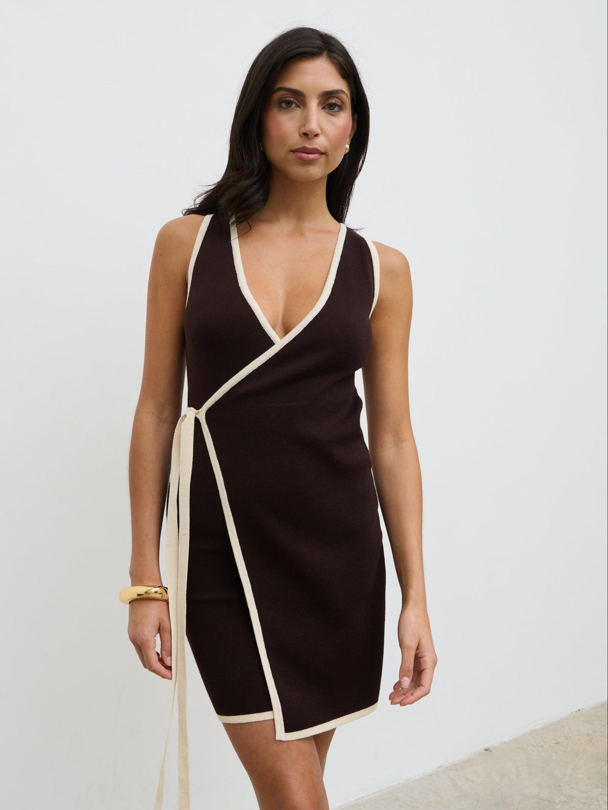 Olive Contrast Wrap Knit Mini Dress - Chocolate