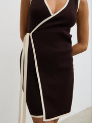 Olive Contrast Wrap Knit Mini Dress - Chocolate