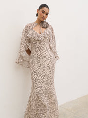Oriana Corsage Cape Maxi Dress - Cream and Brown Polkadot