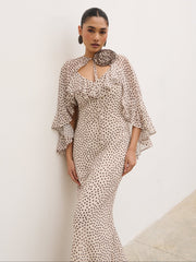 Oriana Corsage Cape Maxi Dress - Cream and Brown Polkadot