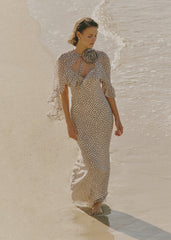 Oriana Corsage Cape Maxi Dress - Cream and Brown Polkadot