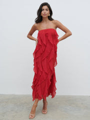 Perla Bandeau Ruffle Midaxi Dress - Red