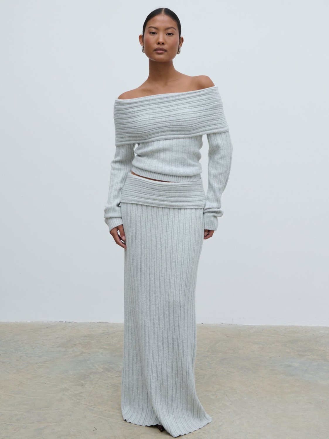 Petra Bardot Cosy Rib Knit Jumper - Grey Marl