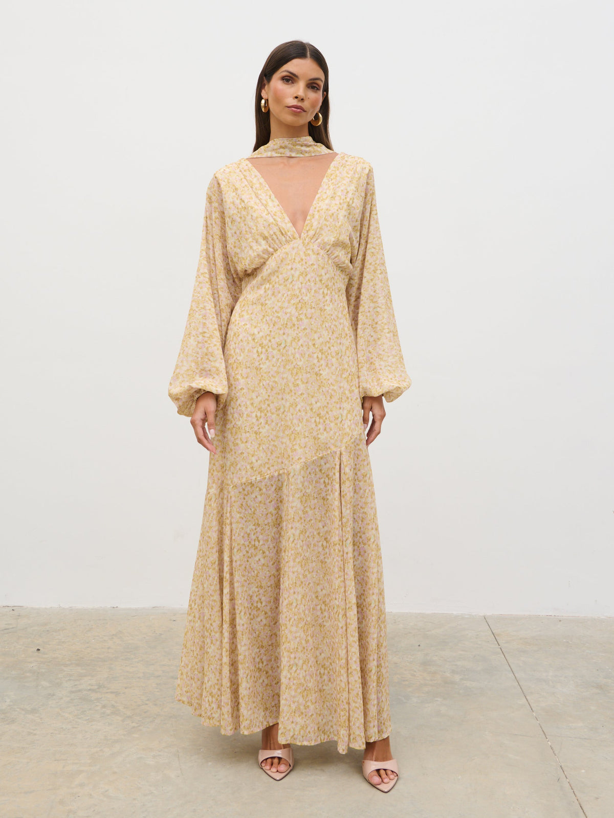 Petula Batwing Scarf Maxi Dress - Chartreuse and Lilac Abstract