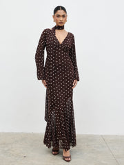 Petula Scarf Mesh Maxi Dress - Brown and Cream Polkadot